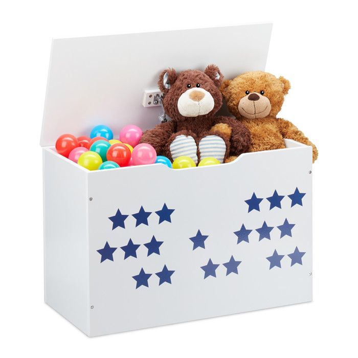 Relaxdays Coffre à jouets avec couvercle, rangement pour enfant, design étoilé, caisse à jeux, 40x60x30 cm, blanc/bleu