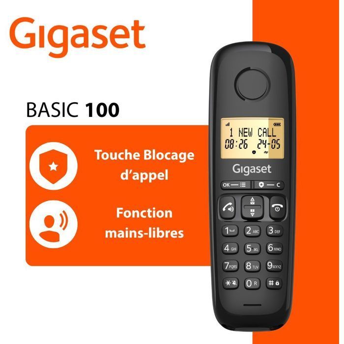 Vaste telefoon - GIGASET - Basic 100A - Antwoordapparaat - Handsfree-modus - Scherm met achtergrondverlichting - Telefoonboek voor 50 contacten - Gespreksblokkering - Zwart