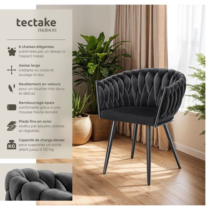 Chaises - TECTAKE - Lot de 6 fauteuils de salle à manger ASTANO en velours design noué avec pieds fin en acier - Noir