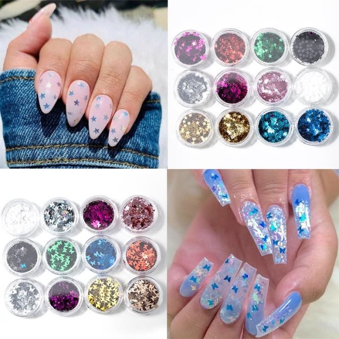 6 boîtes de breloques à paillettes pour nail art, formes confetti, sequins, étoiles, lune, cœurs, accessoires de décoration pour ongles