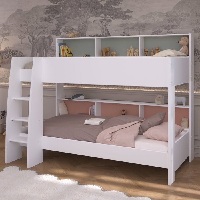 PARISOT Lits superposés enfant 2 x 90x200 cm - Décor Vert Céladon/Terracotta et Blanc Ombre - Sommiers inclus - JIM