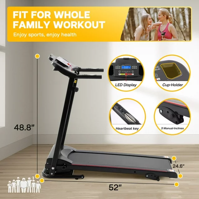 Esteira dobrável portátil de 2,5 HP para corrida e caminhada, compacta, com 12 programas predefinidos, visor LED, Bluetooth para música e fácil montagem para uso doméstico.