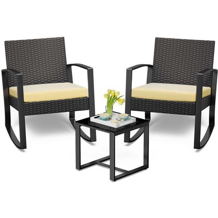Conjunto de muebles de jardín de ratán Bealife de 3 piezas - Amarillo - Para jardín, terraza y balcón