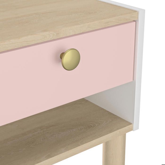 Comodino bianco con 1 cassetto e nicchia effetto legno di rovere con maniglia dorata.