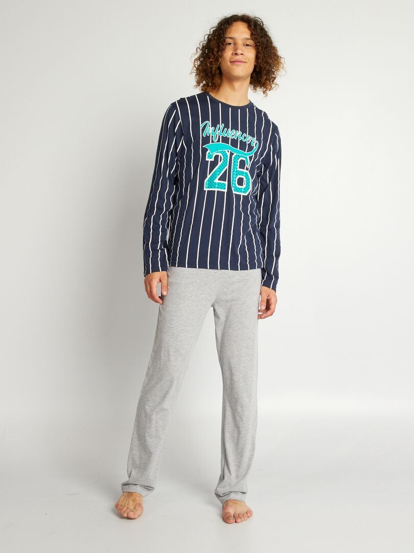 Pijama de malha estilo esportivo - 2 peças - cinza/azul