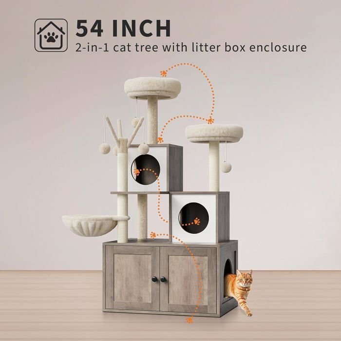 Arbre à Chat avec Maison de Litière, Meuble de Toilette en Bois avec Tour à Chat, Griffoir Perchoir, Plateformes - Gris