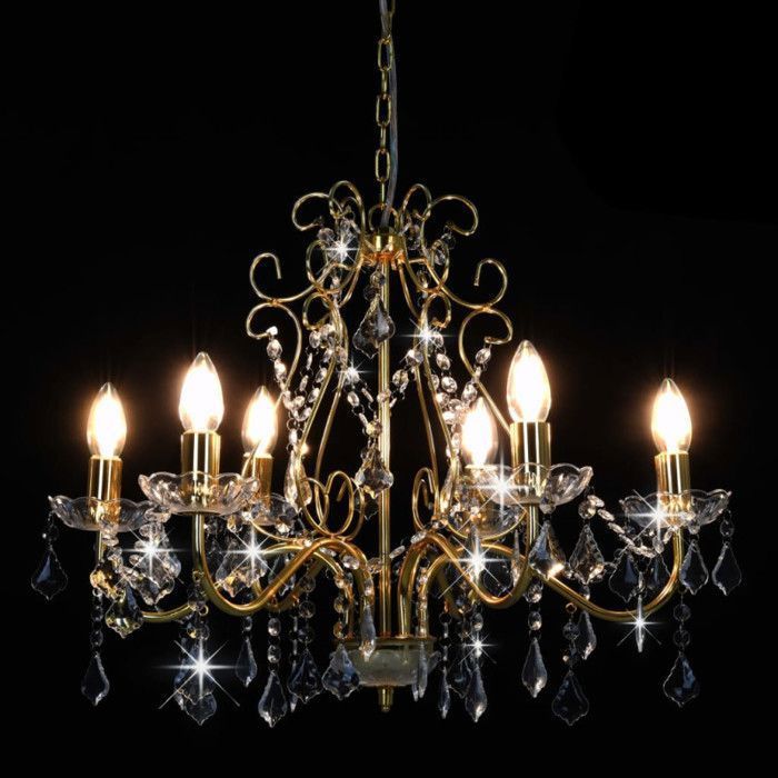 Lámpara colgante vidaXL, 6 bombillas E14, 60x44 cm, base de metal dorado con cuentas de cristal acrílico, lámpara elegante 281603