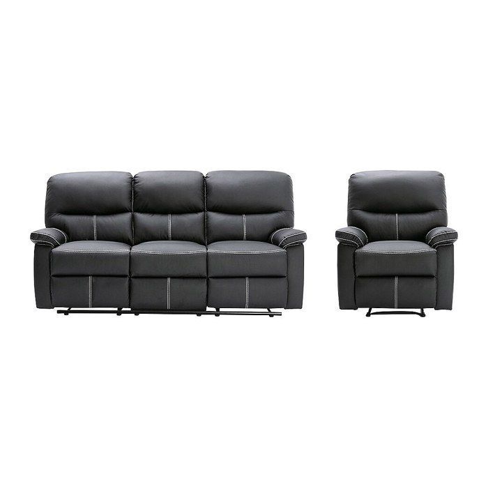 Sofá de 3 plazas y sillón reclinable CANBY en piel sintética negra.