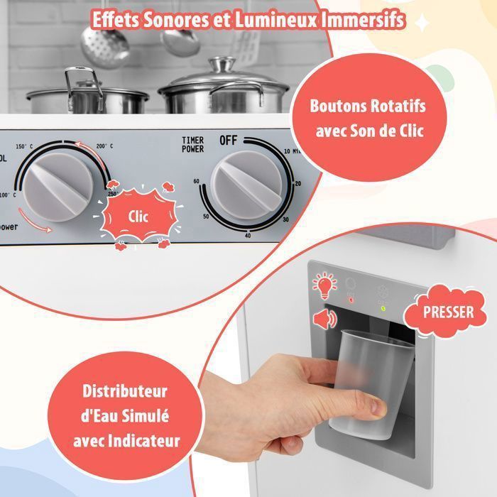 COSTWAY Kinderkeuken voor kinderen vanaf 3 jaar, 7 accessoires, waterdispenser, magnetron, oven, wasmachine, geluiden en lichtjes