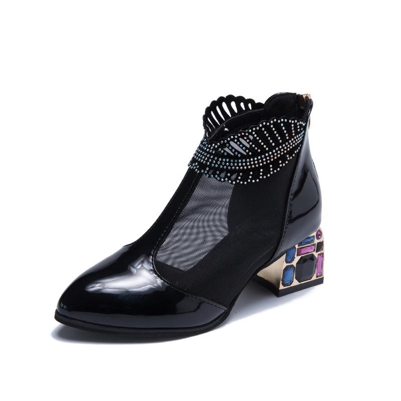 Sandales décontractées à talons épais en cuir verni et résille, bottines ajourées pour femme, grandes tailles, en maille et strass, sandales Baotou