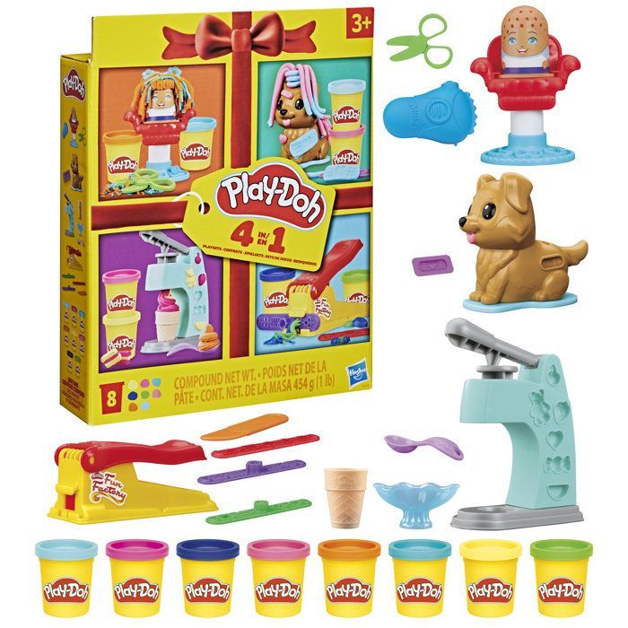 Play-Doh 4 Mini Classic Sets: Hairdresser, Vet, Ice Cream, and Fun Factory; Creative Play; Classic; Ages 3+