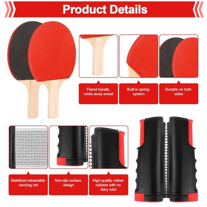 Juego profesional de raquetas de ping-pong: 2 raquetas de tenis de mesa + 3 pelotas de ping-pong + bolsa + red retráctil