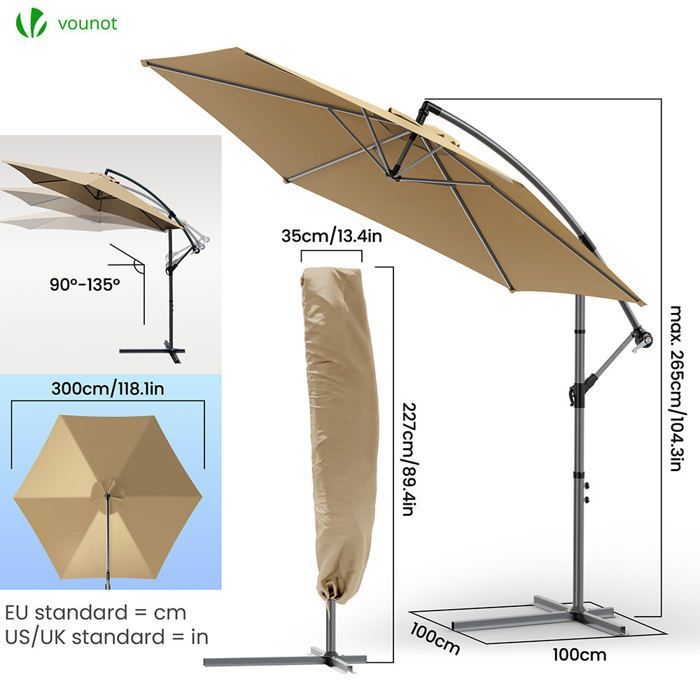 VOUNOT® Parasol déporté inclinable 3M Kaki - Rotatif 360° - Inclinaison réglable - Manivelle anti-retour - Housse de protection