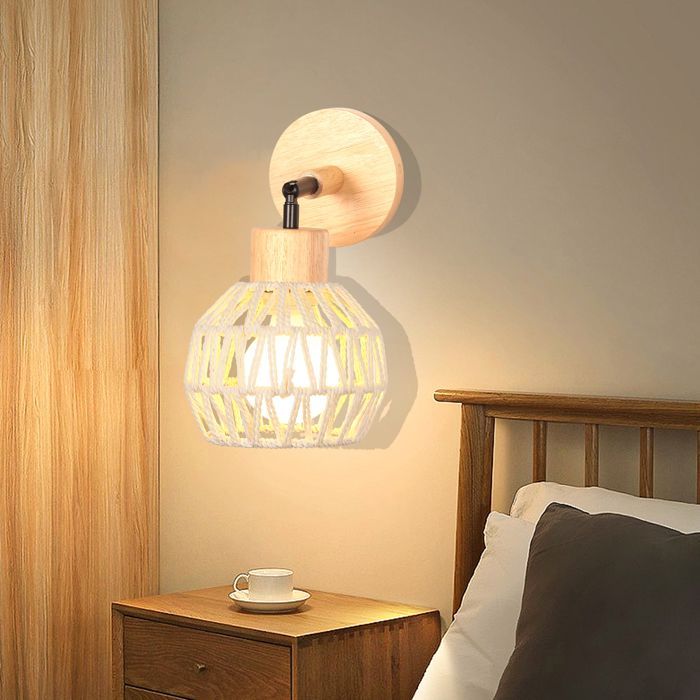 Aplique de pared vintage SNOGOLD para interiores, lámpara de pared de ratán y madera, portalámparas de techo ajustable E27 para sala de estar o pasillo, blanco.