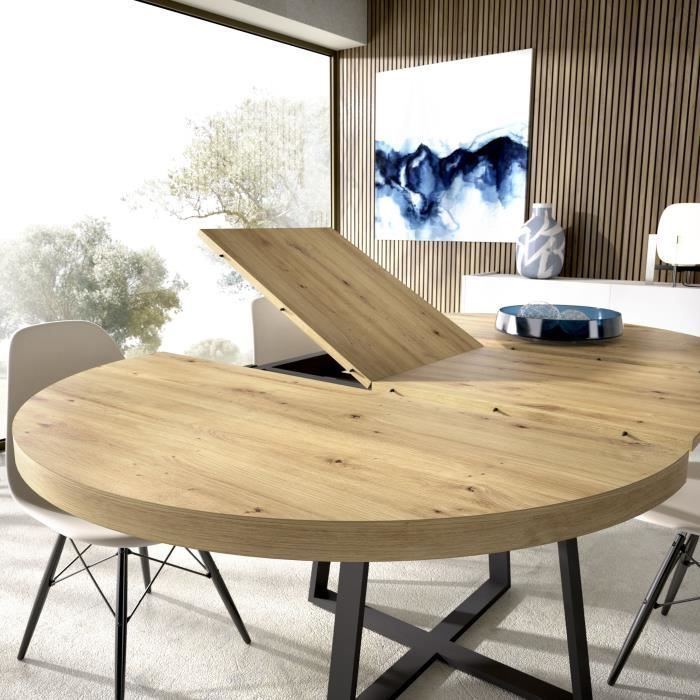 Table ronde extensible DUNA - 4 à 6 personnes - Décor chêne - L110 x P110/152 x H77 cm