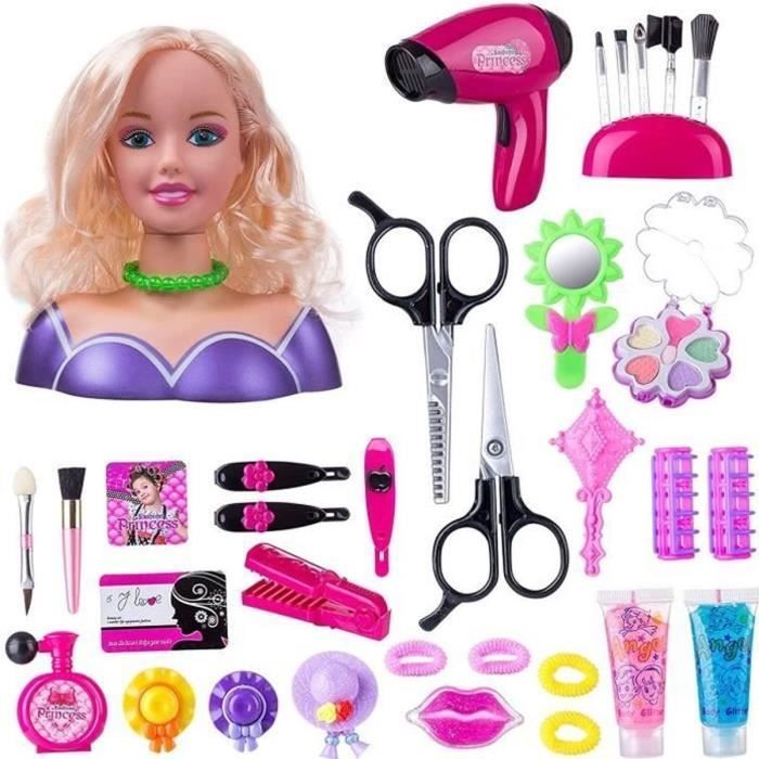 Cabezas de peluquería y maquillaje para niñas, 35 accesorios para el cabello, set de maquillaje, secador de pelo, regalo de juego de imitación para niñas, 19,8 cm