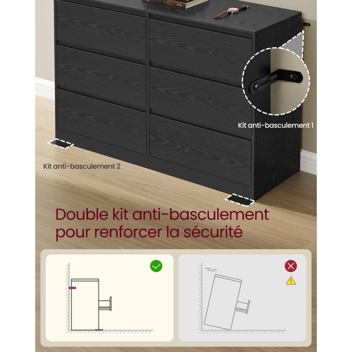Cassettiera da camera da letto a 6 cassetti - VASAGLE - Moderna - Finitura in legno nero - Sistema antiribaltamento