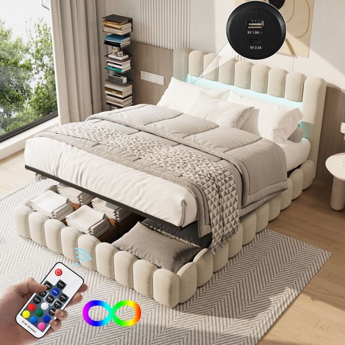 Cama de almacenamiento de 180x200 cm con carga USB tipo C e iluminación LED, cama doble hidráulica con somier de láminas, cama funcional, almacenamiento, lino beige.