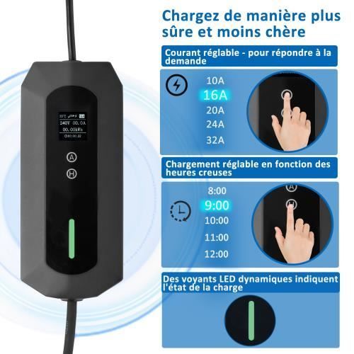 Caricabatterie per veicoli elettrici di tipo 2, caricabatterie per auto elettriche, cavo di ricarica di tipo 2, commutabile 10/16/24/32A, 7,2kW/7,2m