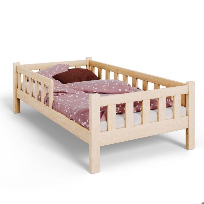 Cama infantil Montessori PINI de 80x160 cm en madera natural con barandilla de seguridad — Base de lamas, madera maciza de pino