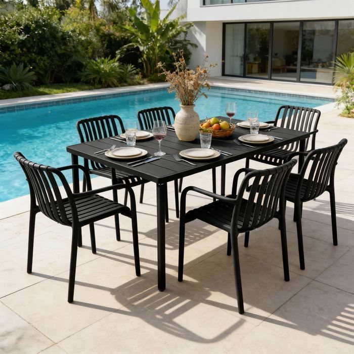 TULIPANO tuinset met 6 tafeltafels en stoelen in zwart, stapelbaar en UV-bestendig.