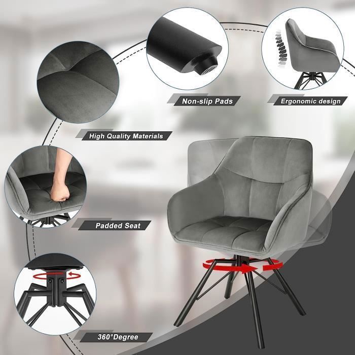 WOLTU Chaise Pivotante à 360°, Lot de 2, Chaise Salle à Manger Scandinave, Fauteuil de Cuisine en Velours, Gris Foncé W0ATT0020-2