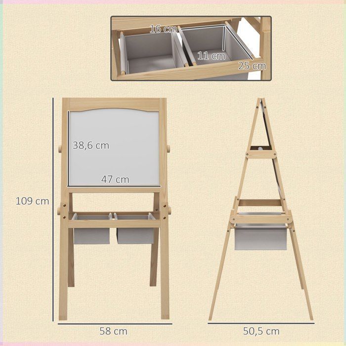 Pizarra de caballete - AIYAPLAY - pizarra blanca de doble cara para niños, rollo de papel, cestas - madera de pino - natural