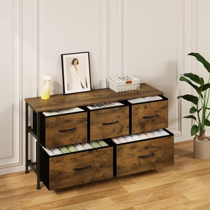 WOLTU Commode, Kast van bewerkt hout, Stoffen lades, Metalen frame, Industriële stijl, 100x30x54cm, Rustiek bruin W0ITT0093