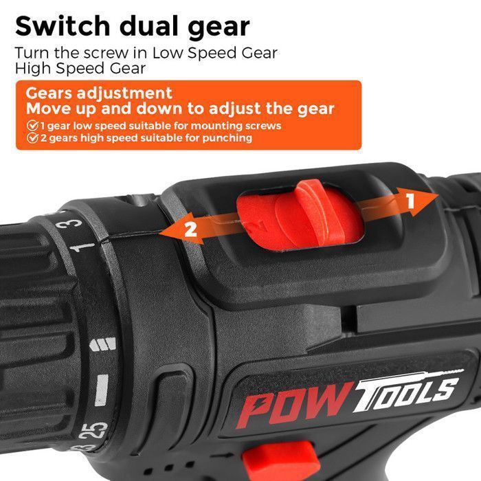 Taladro atornillador inalámbrico POWTOOLS - 21 V - 2 baterías de litio + 28 accesorios + cargador