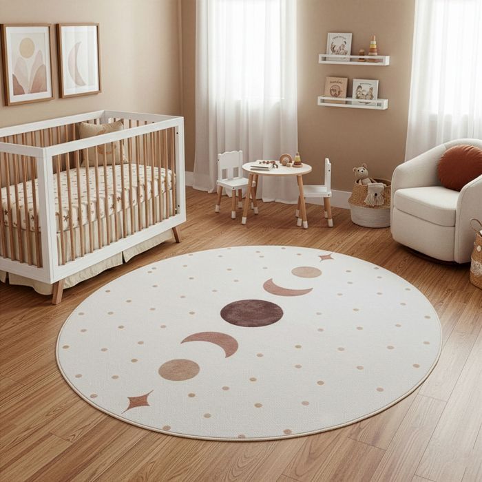 Carpetsale24 Tapis Enfant 200 cm Rond Phases de la Lune Creme Design Boho Grand Tapis Chambre Enfant ideal grandes surfaces de jeu