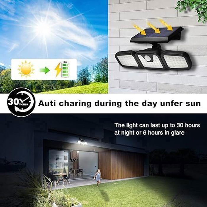 Lámpara solar exterior con sensor de movimiento, 74 LED, resistente al agua IP65 para jardín, entrada y patio.