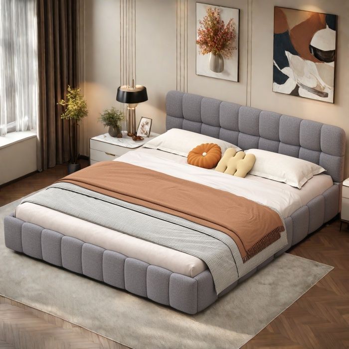Cama de casal 140x190 cm - Tecido de linho - Estrado incluído - Design contemporâneo - 2 lugares - Cinza