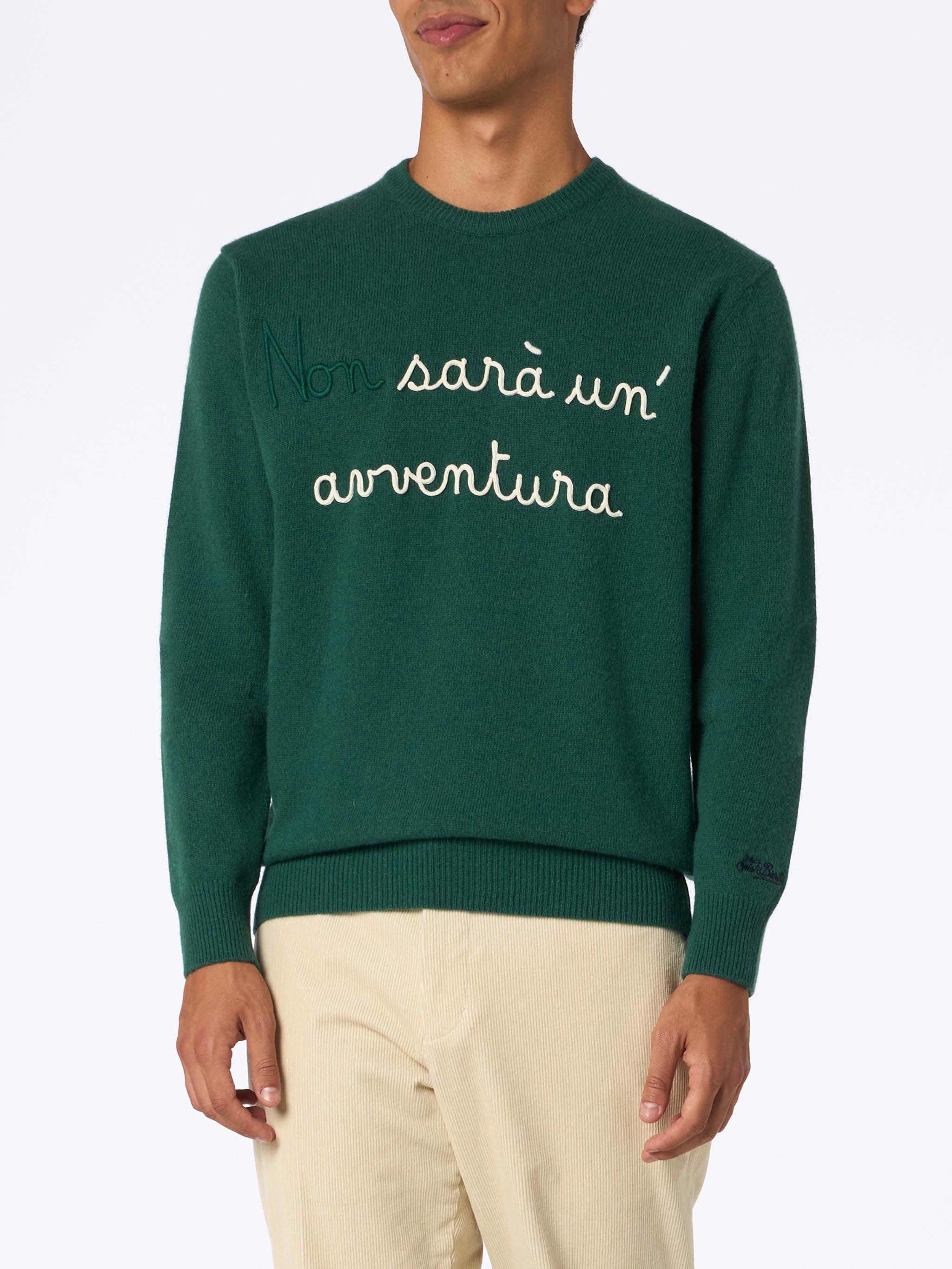 Maglione da uomo verde Heron con ricamo Non sarà un'avventura