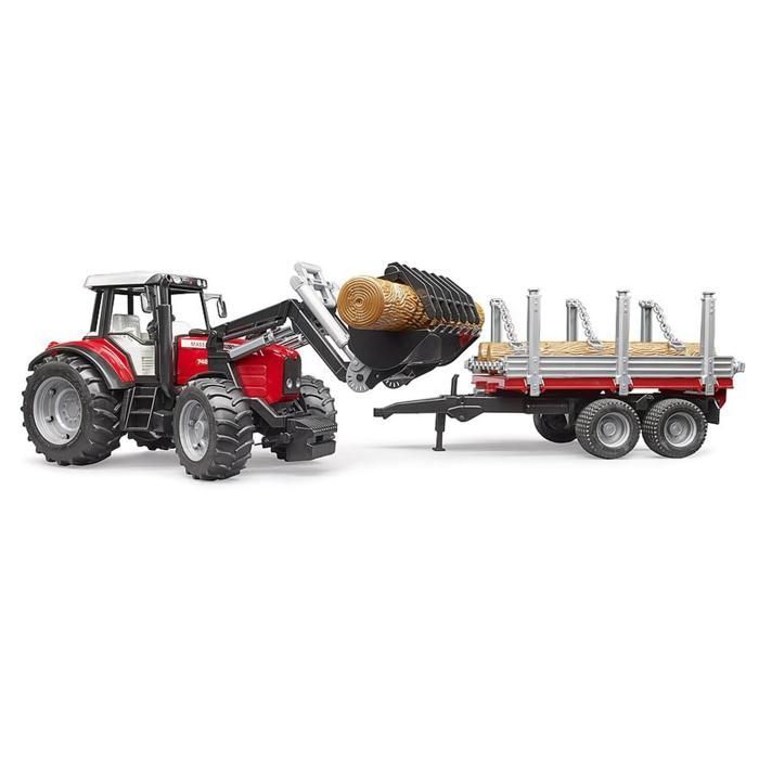 MASSEY FERGUSON 7480 tractor with loader and timber trailer - BRUDER