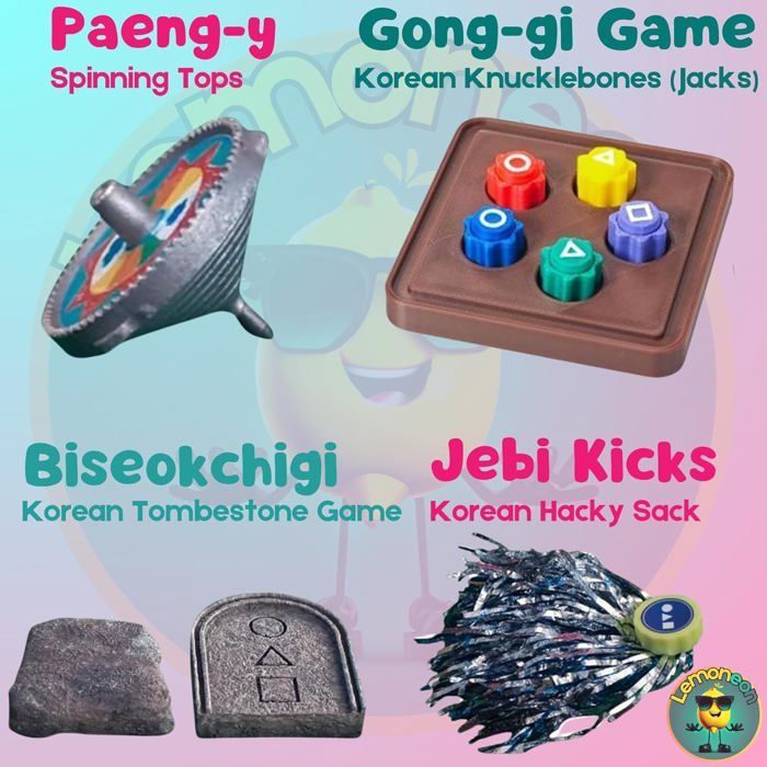 Koreansk traditionelle folkelige spillesæt - Jebi chagi, Gong-gi, Biseokchigi, Paeng-y, DDAKJI, Familierejsespil (1 sæt)