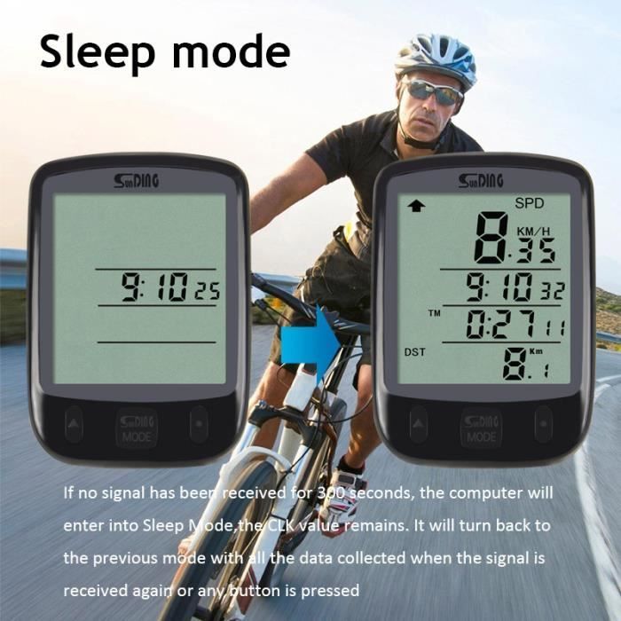 Ciclocomputador digital LCD resistente al agua con retroiluminación: muestra kilometraje, tiempo, velocidad y nivel de batería.