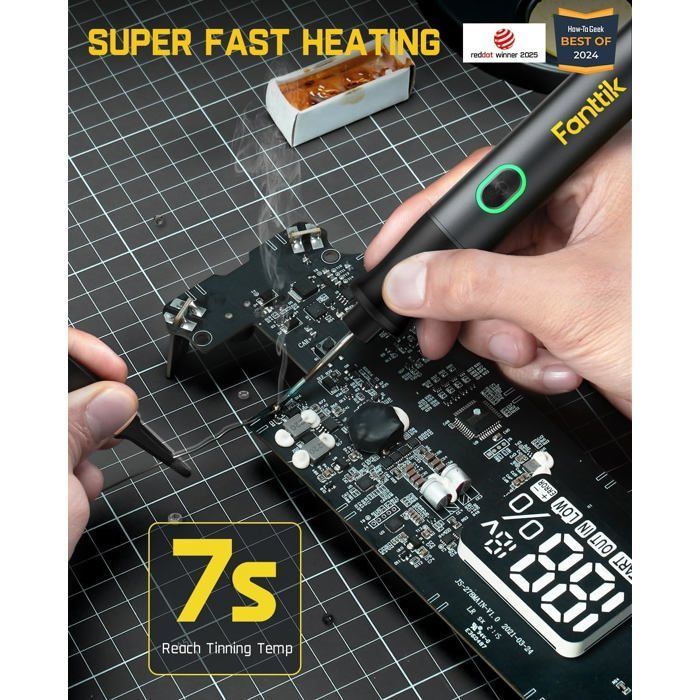 Fanttik T1 Max Cordless Soldering Iron, 7-Second Fast Heating (200C-450C), Automatic Shut-Off, 4 Precision Soldering Tips