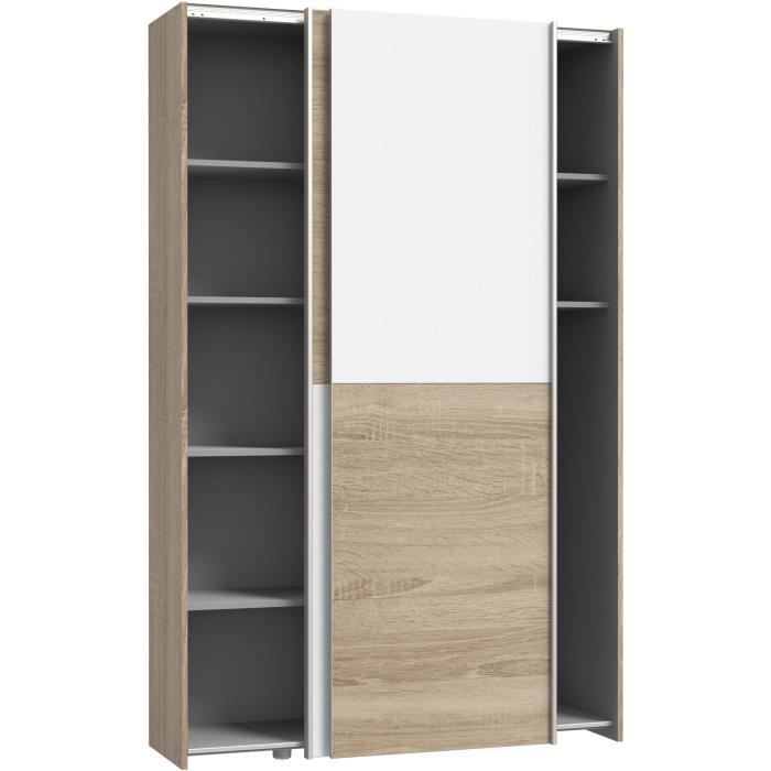 Multifunctional 2-door sliding wardrobe - White and light oak - W120 x D41.6 x H190.5 cm - OZZULA