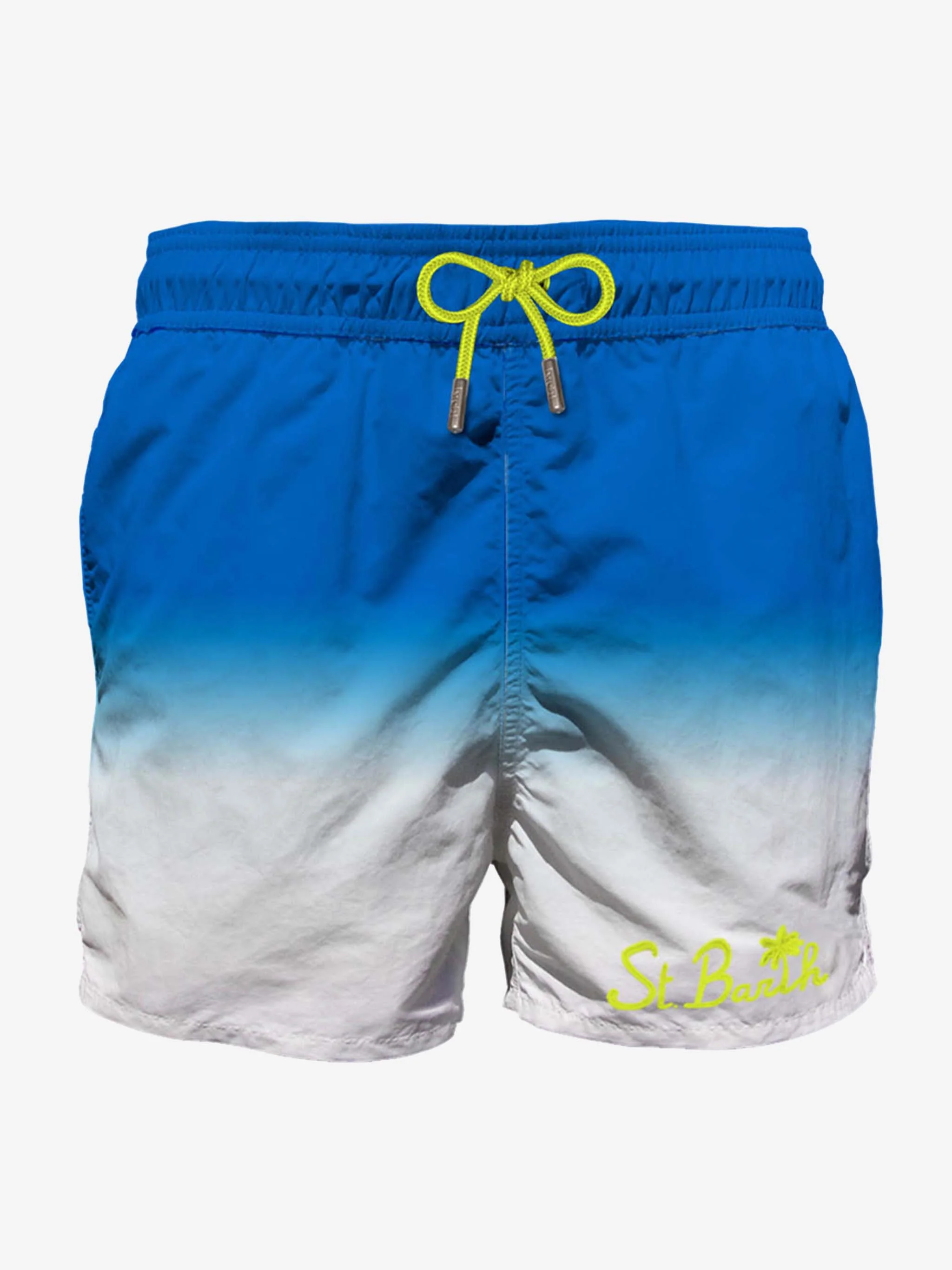 Middellange bikini in witte en blauwe tinten.