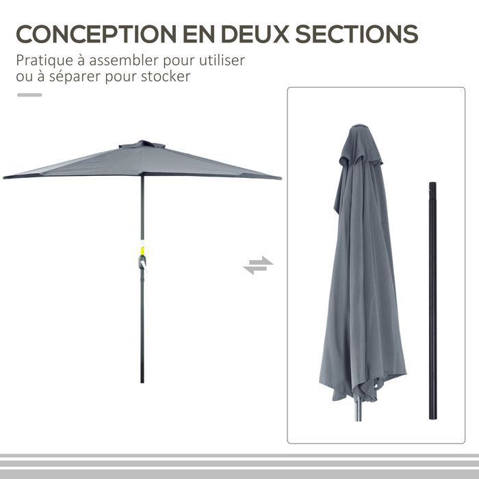 Ombrellone a mezzo collo - Outsunny - apertura e chiusura a manovella - Metallo, poliestere 180 g/m² - 269x138x236cm - grigio
