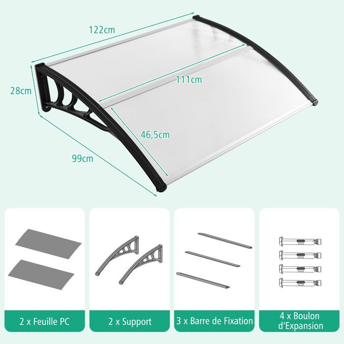 Toldo para puerta y ventana COSTWAY 122 x 99 cm - Policarbonato transparente - Protección contra el sol, la lluvia y la nieve - Negro