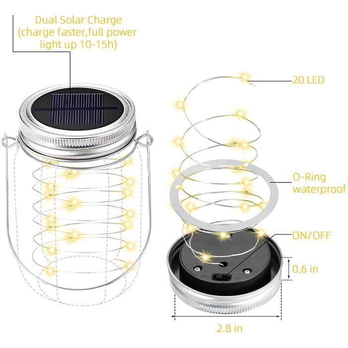 Conjunto de 6 tampas de vidro solares para vasos, com 20 LEDs cada, com ganchos, para decoração externa (vasos não incluídos)