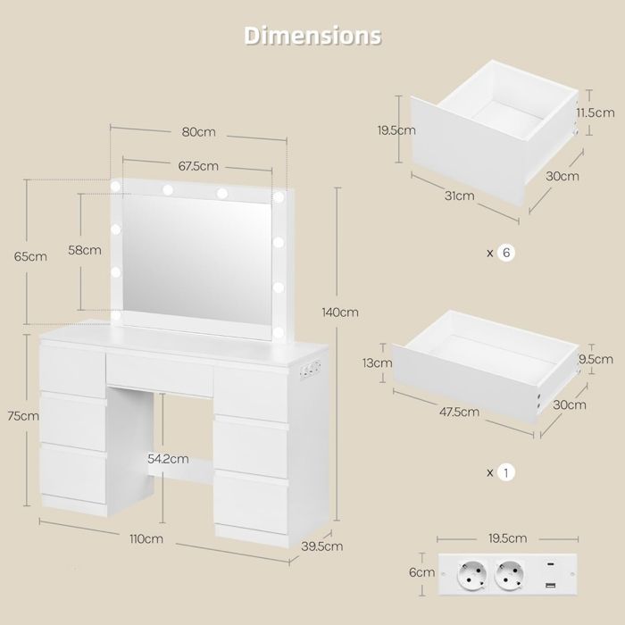 Tocador con regleta - WOLTU Tocador de maquillaje de 7 cajones - Espejo LED ajustable - Espacio extragrande - Blanco