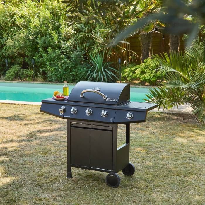 Barbecue gaz - Treville - Barbecue 3 brûleurs + 1 feu latéral noir. avec thermomètre