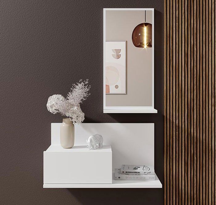 Halmeubel | 1 lade met spiegel | Halconsole | Matwitte afwerking | B 60 x D 30 x H 85,5 cm | Model