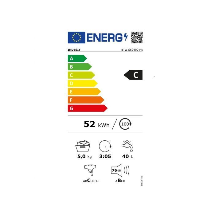 Lavatrice a carica dall'alto - INDESIT - BTWS50400FR - 5 kg - velocità di centrifuga 1000 giri/min - classe energetica C