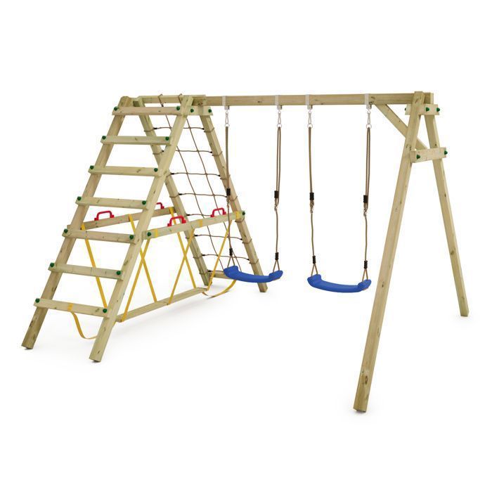 Balançoire double bois WICKEY Smart Hike bleu avec module d’escalade et poutre d’équilibre – 10 ans de garantie*