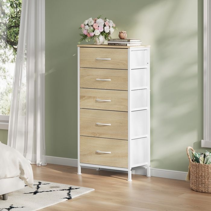 WOLTU Commode - Dressoir met 5 stoffen lades - Kast van MDF en metaal - Licht eiken + wit W0ITT5021