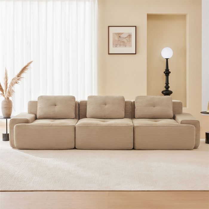 DRIPEX Canapé Cloud modulable 3 places surdimensionné,Canapé en velours côtelé avec 3 coussins,293*104*69cm,Beige