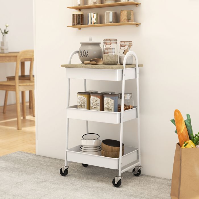 Desserte cuisine - HOMCOM - 3 niveaux, avec plateau supérieur, paniers en maille, poignées - 45 x 32 x 77,5 cm - chêne